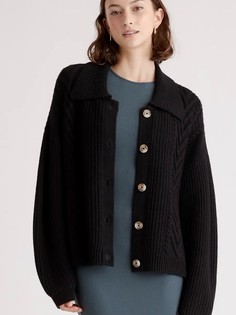 Quince Black Australian Merino Wool Cable Knit Collared Button Front Cardigan L
